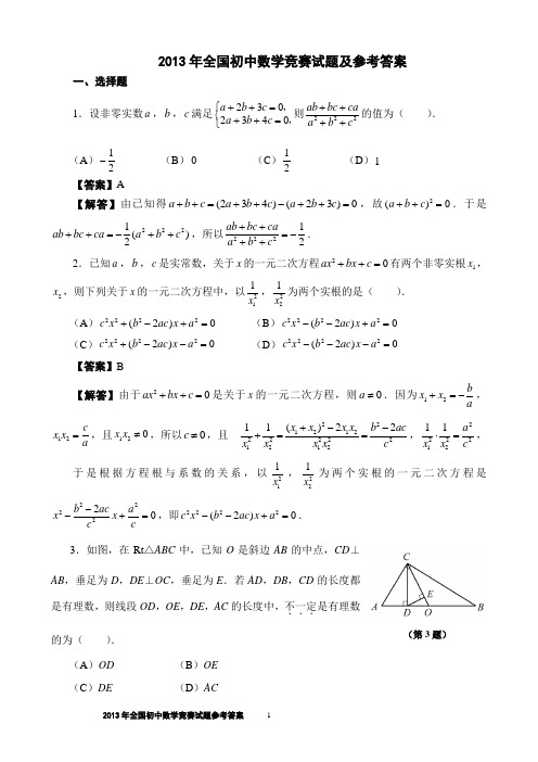 2013年全国初中数学竞赛试题(附详细答案)