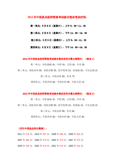 2012中医执业医师考试时间及各科分值比例(仅供2013年考生参考)