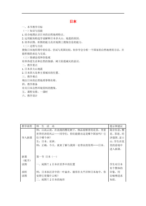 七年级地理下册 第八章 认识国家 第一节 日本教案 (新版)湘教版