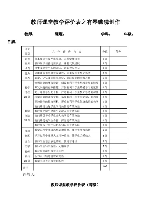 教师课堂教学评价表(量表)