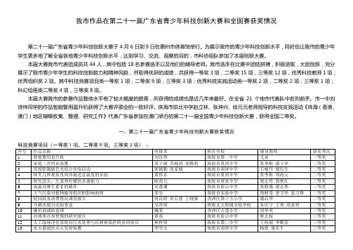 我市作品在第二十一届广东省青少年科技创新大赛和全国赛获奖情况