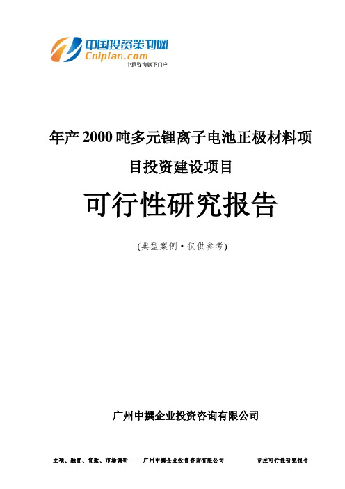 年产2000吨多元锂离子电池正极材料项目投资建设项目可行性研究报告-广州中撰咨询