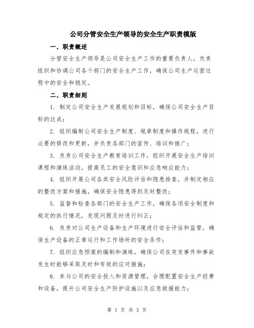 公司分管安全生产领导的安全生产职责模版