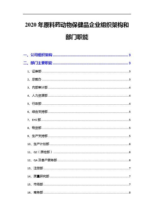 2020年原料药动物保健品企业组织架构和部门职能