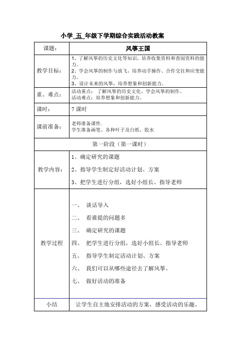 小学五年级下学期综合实践活动教案(表格式)