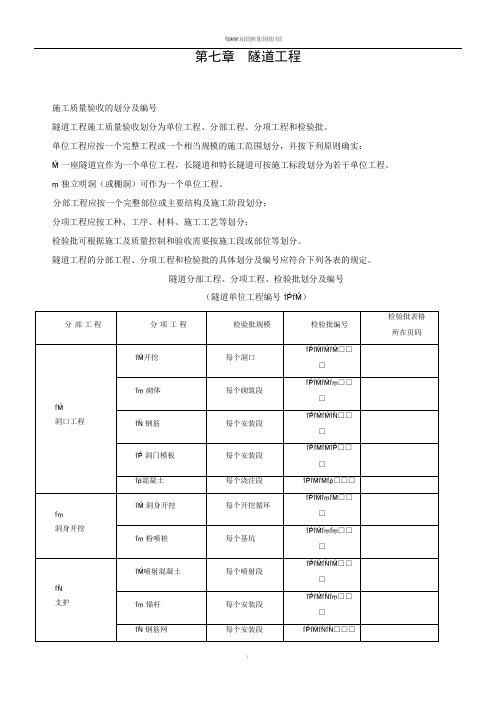 隧道工程分项、分部、单位工程划分表