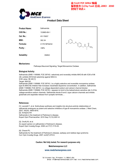 Safinamide_133865-89-1_DataSheet_MedChemExpress