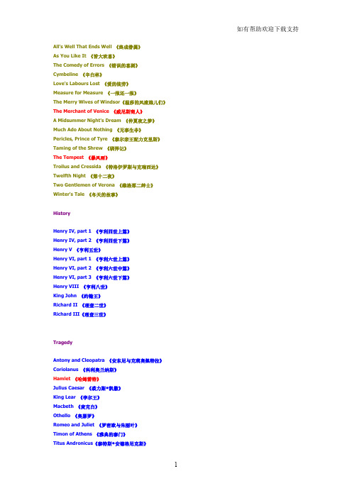 自考英语本科英美文学选读莎士比亚作品目录翻译