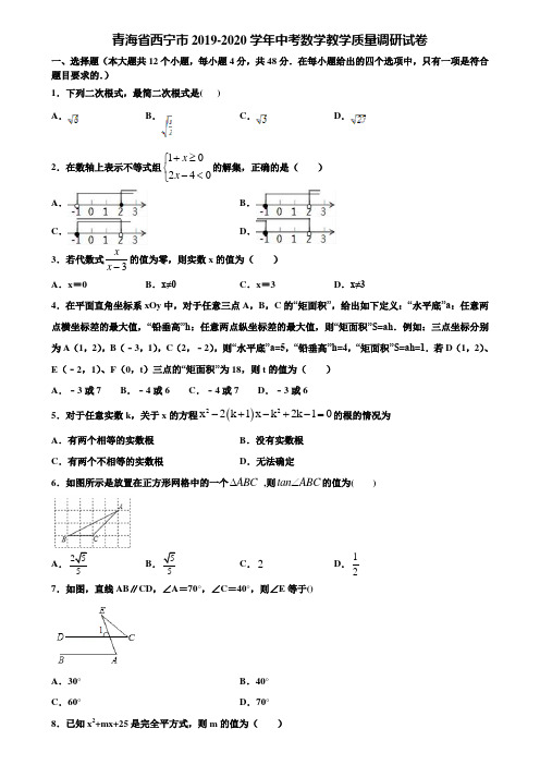 青海省西宁市2019-2020学年中考数学教学质量调研试卷含解析