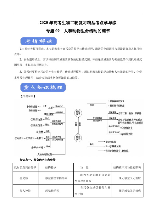 2020年高考生物二轮复习精品考点学与练 专题09 人和动物生命活动的调节(解析版)