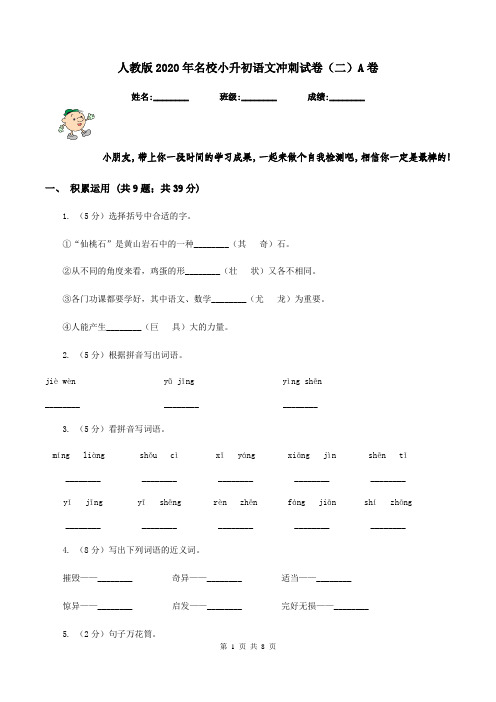 人教版2020年名校小升初语文冲刺试卷(二)A卷