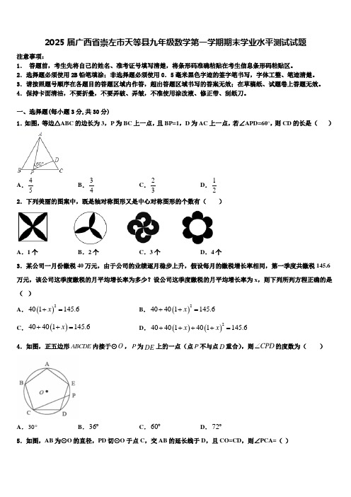 2025届广西省崇左市天等县九年级数学第一学期期末学业水平测试试题含解析