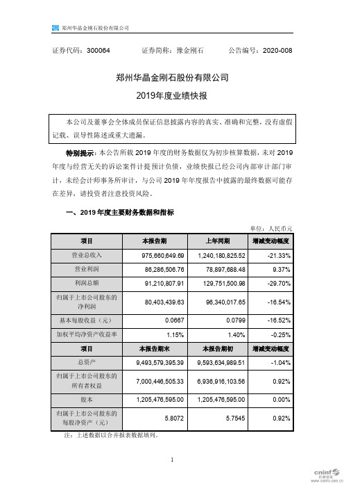 豫金刚石：2019年度业绩快报