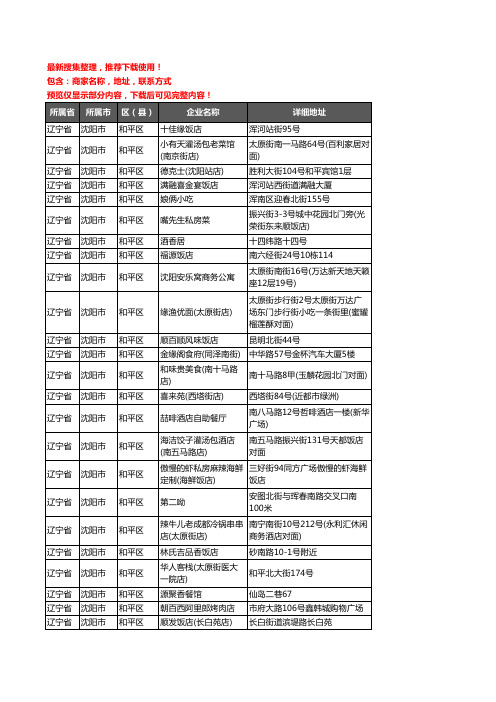 新版辽宁省沈阳市和平区酒店餐饮企业公司商家户名录单联系方式地址大全340家