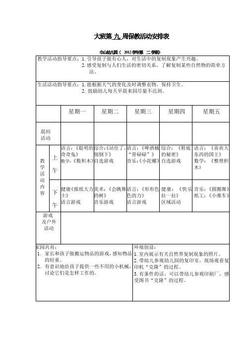 第九周大班周计划