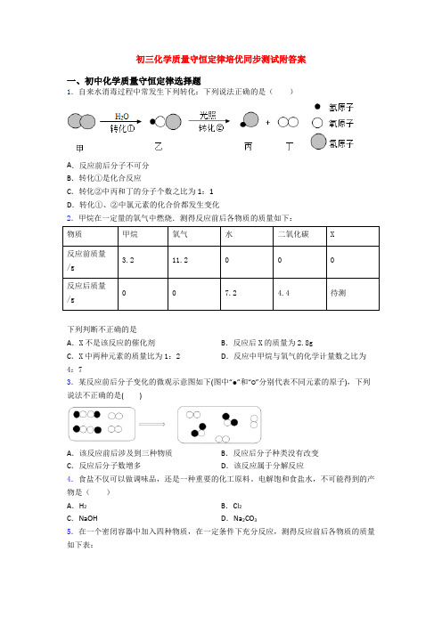 初三化学质量守恒定律培优同步测试附答案