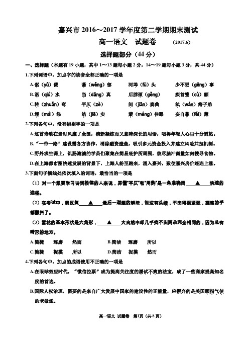 嘉兴市2017年第二学期期末语文测试题(附答案)