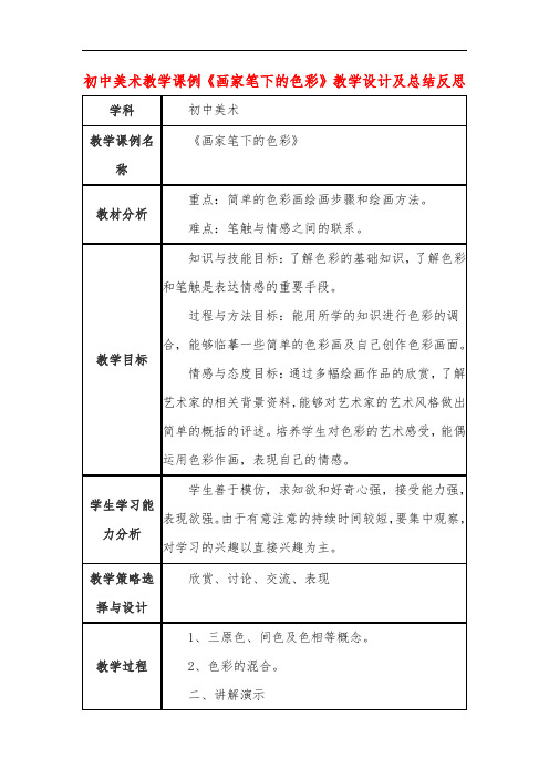 初中美术教学课例《画家笔下的色彩》课程思政核心素养教学设计及总结反思