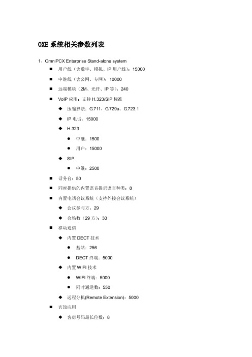 阿尔卡特朗讯程控交换机OE系统相关参数列表