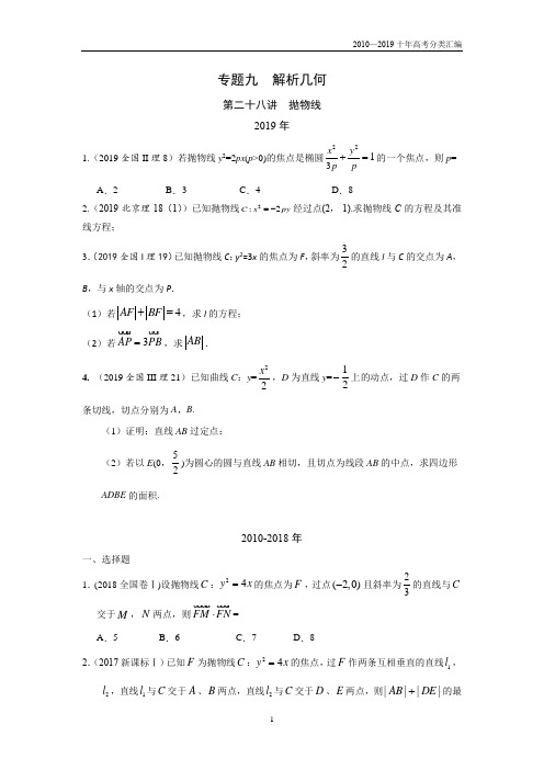 2010-2019十年高考数学(理)真题专题9 解析几何 第28讲 抛物线分类汇编