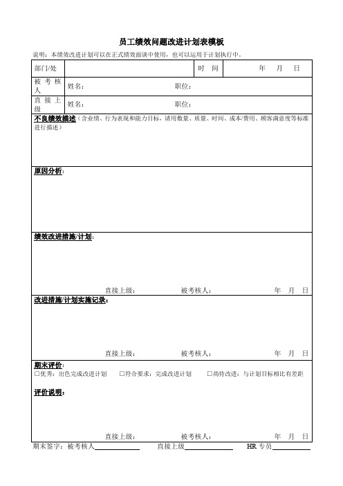 员工绩效问题改进计划表模板