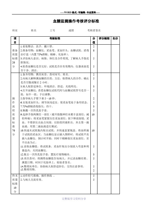 血糖监测操作考核评分标准