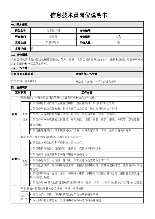 信息技术员岗位说明书