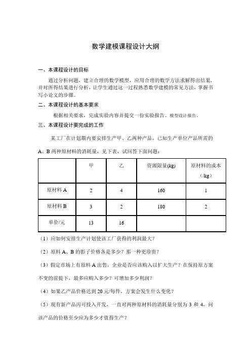 2012数学建模课程设计大纲