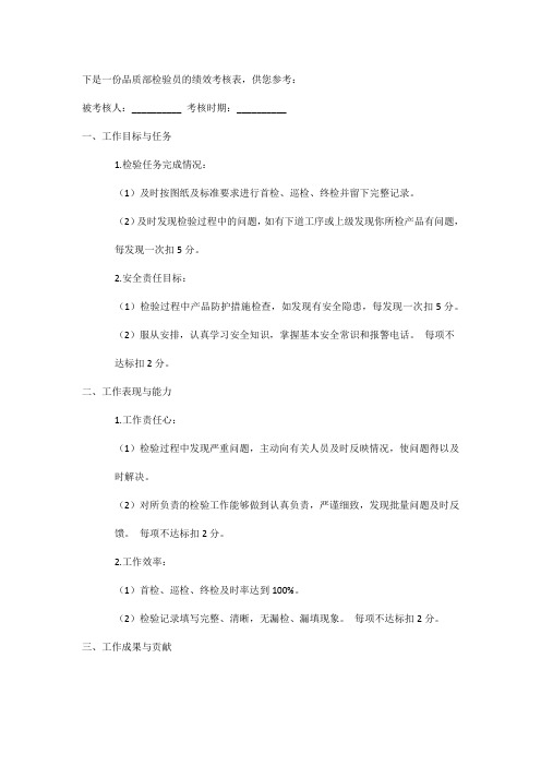 品质部检验员绩效考核表