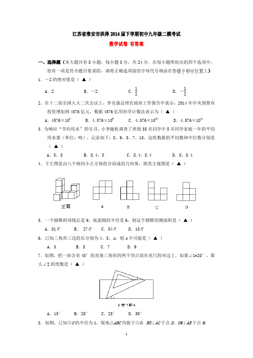 江苏省淮安市洪泽2014届下学期初中九年级二模考试数学试卷