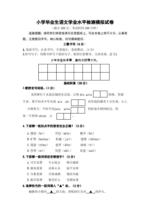 小学毕业生语文学业水平检测模拟试卷