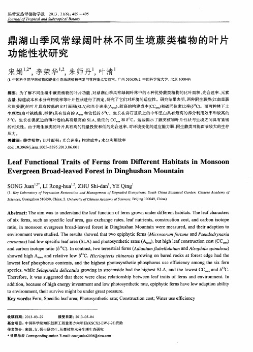 鼎湖山季风常绿阔叶林不同生境蕨类植物的叶片功能性状研究