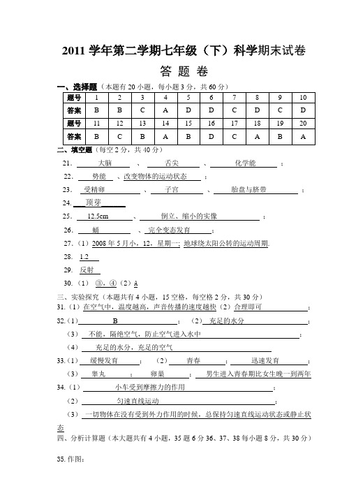 2011学年七(下)科学试卷答案