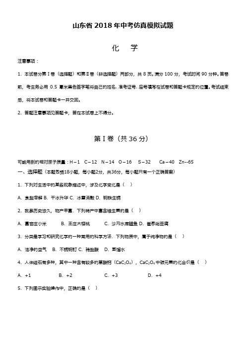 2018—2019年最新山东省中考化学仿真模拟试题及答案解析一