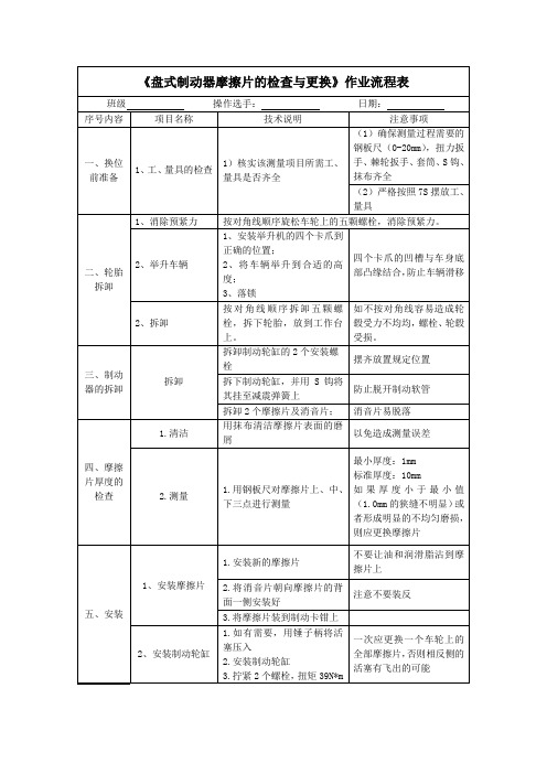 《盘式制动器摩擦片的检查与更换》作业流程表