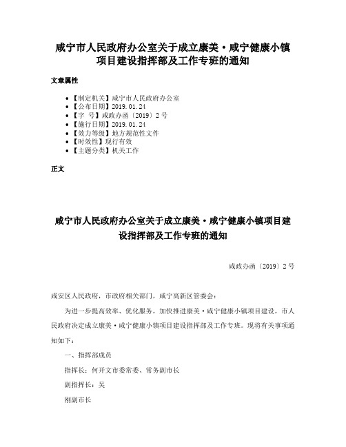 咸宁市人民政府办公室关于成立康美·咸宁健康小镇项目建设指挥部及工作专班的通知