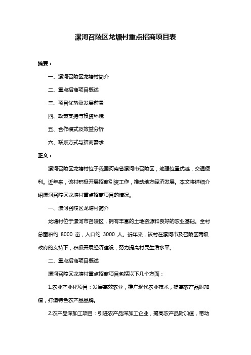 漯河召陵区龙塘村重点招商项目表