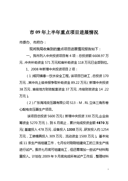 市09年上半年重点项目进展情况