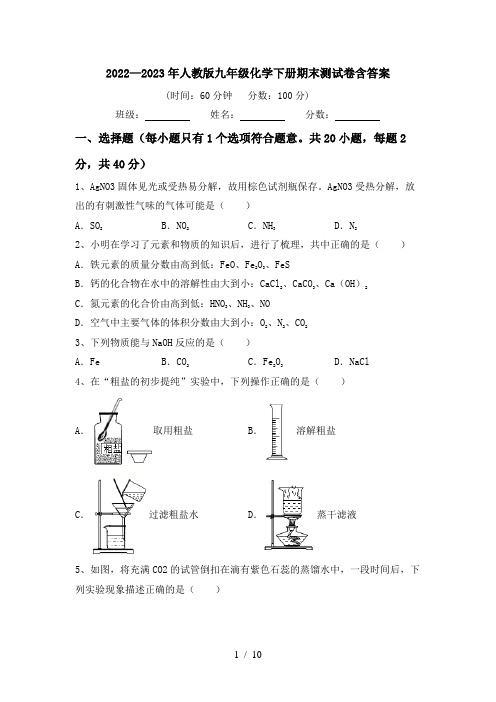 2022—2023年人教版九年级化学下册期末测试卷含答案