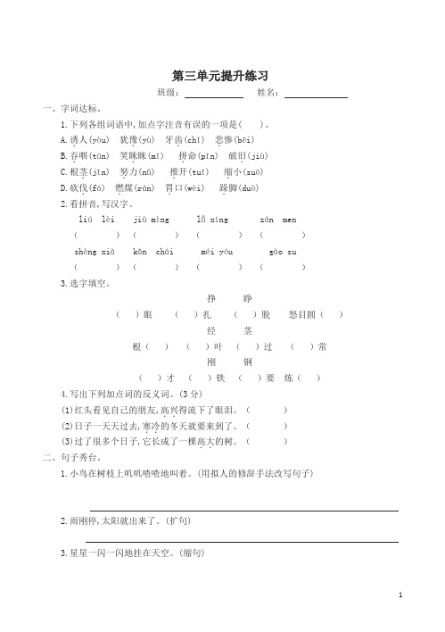 部编版三年级语文上册第三单元提升练习题(有答案)