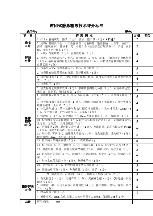 密闭式静脉输液技术操作考核评分标准(100分)