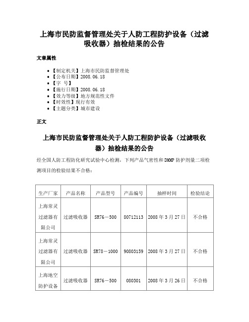 上海市民防监督管理处关于人防工程防护设备（过滤吸收器）抽检结果的公告