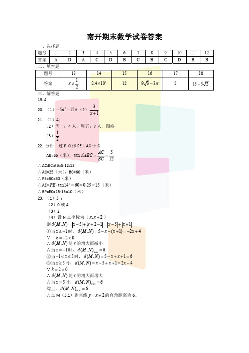 重庆南开中学2015-2016学年度上期初三期末考试数学试题答案