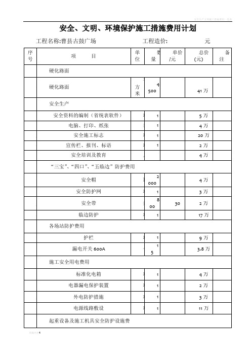 安全生产文明施工措施费用计划一览表