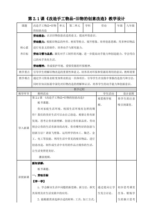 第二单元第1课《旧物的创意改造》教案 2024—2025学年湘人版劳动实践九年级上册