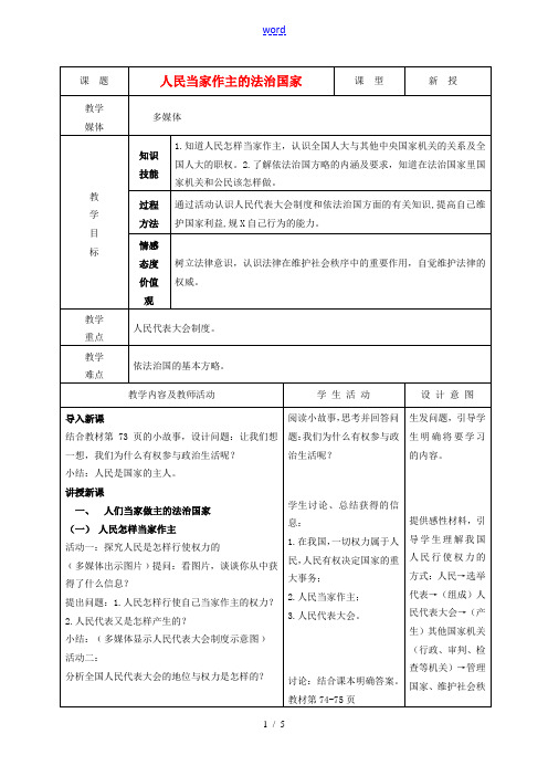 九年级政治 3.6.1人民当家作主的法治国家教案 鲁教版