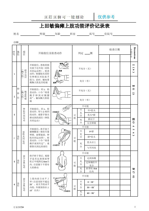 偏瘫上肢功能评价记录表(上田敏式)(知识资料)