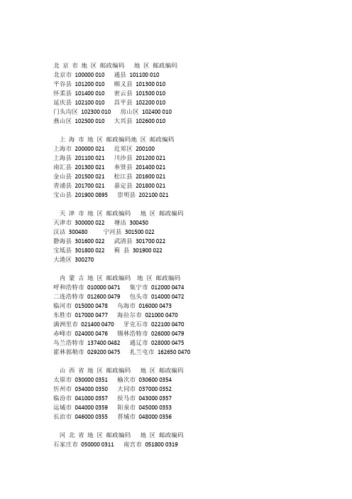 北京市地区邮政编码长途区号地区邮政编码长途区号