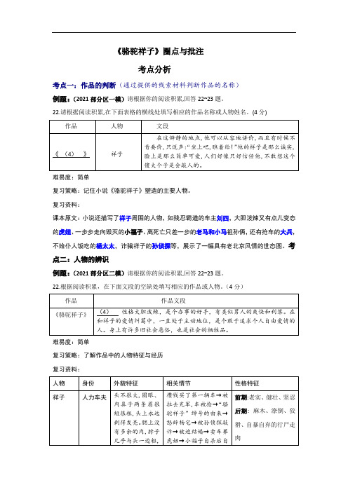 2022年中考名著复习《骆驼祥子》考点分析