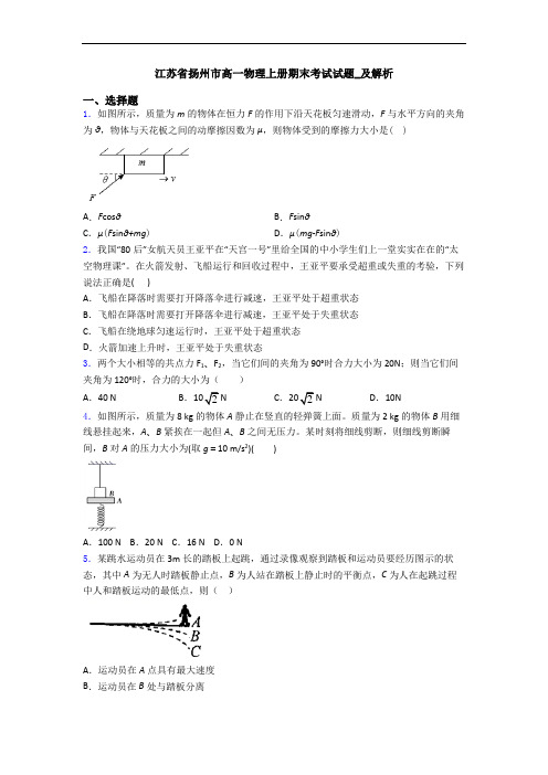 江苏省扬州市高一物理上册期末考试试题_及解析